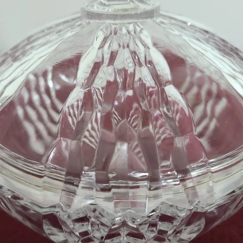 Three-Footed Pedestal Glass Candy Dish Covered Bowl Art Deco Geometric Design